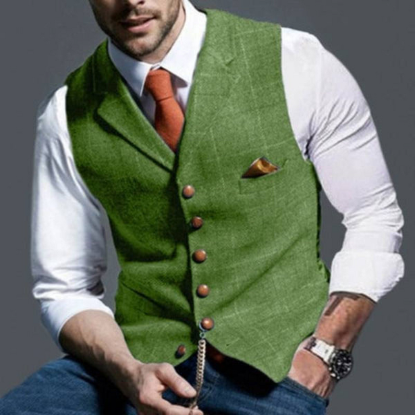 Elegant lichtgeruit vest, perfect voor de modieuze man met een verfijnde smaak. Deze Peaky Blinders-geïnspireerde look zorgt voor een trendy uitstraling, terwijl de hoogwaardige materialen zowel comfort als duurzaamheid bieden. De op maat gemaakte pasvorm zorgt voor een stijlvolle uitstraling. Maattabel (cm) beschikbaar voor borst en lengte.