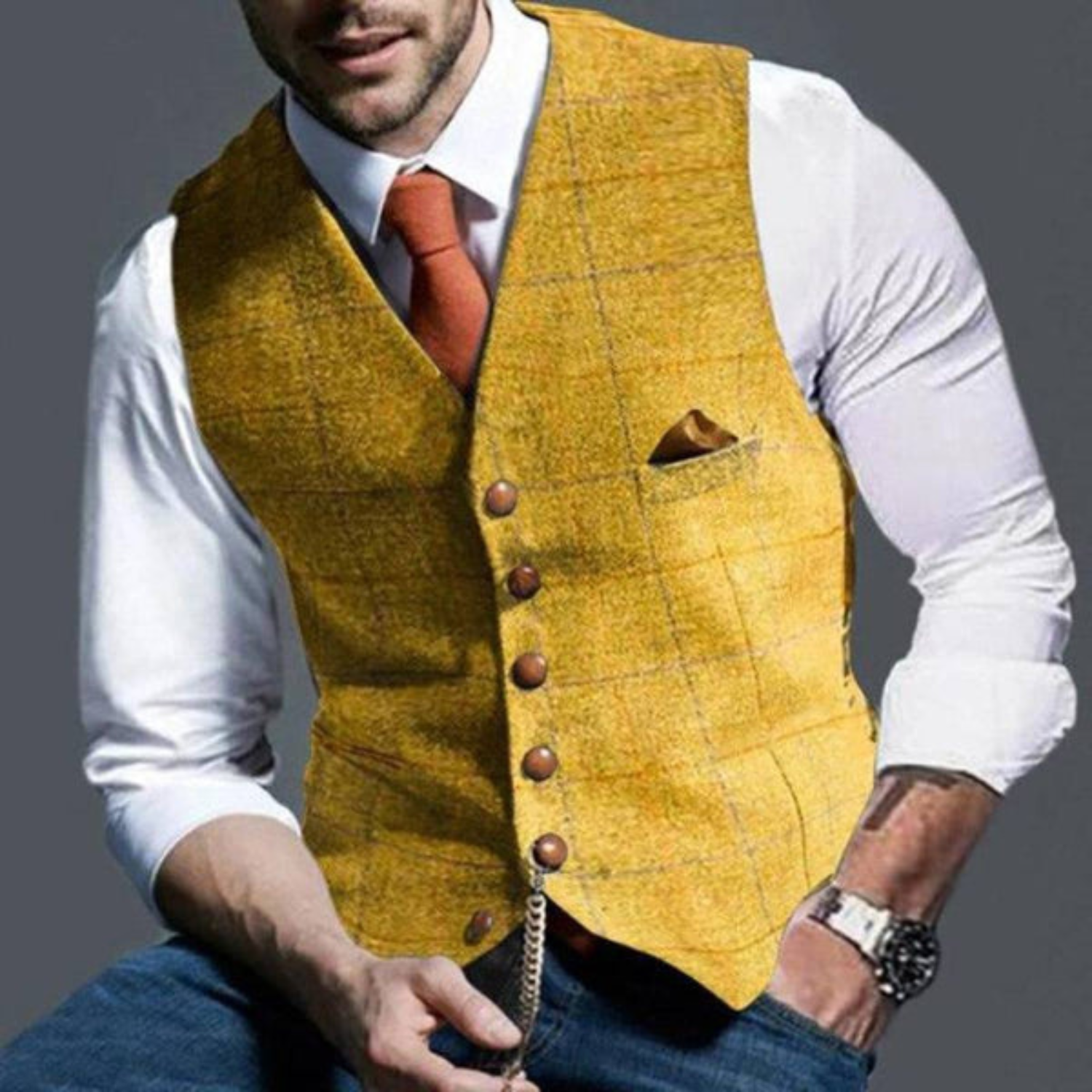 Elegant lichtgeruit vest, perfect voor de modieuze man met een verfijnde smaak. Deze Peaky Blinders-geïnspireerde look zorgt voor een trendy uitstraling, terwijl de hoogwaardige materialen zowel comfort als duurzaamheid bieden. De op maat gemaakte pasvorm zorgt voor een stijlvolle uitstraling. Maattabel (cm) beschikbaar voor borst en lengte.