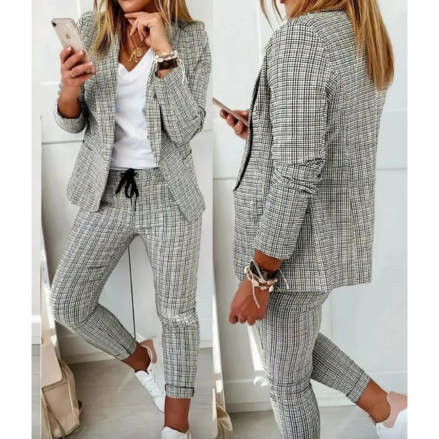 Elegante zakelijke dames set, perfecte combinatie van stijl en professionaliteit. Gemaakt voor een fijne pasvorm, comfort en zelfvertrouwen gedurende de hele dag. Gemaakt van polyester en geschikt voor diverse formele gelegenheden. Maattabel beschikbaar voor verschillende maten.