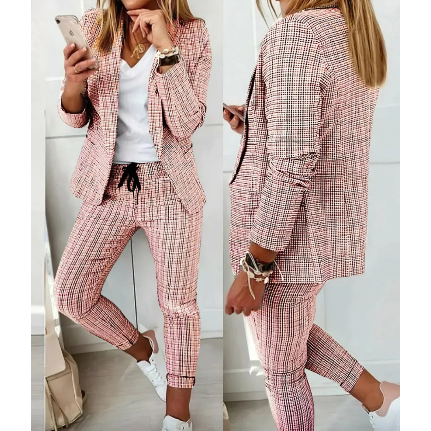 Elegante zakelijke dames set, perfecte combinatie van stijl en professionaliteit. Gemaakt voor een fijne pasvorm, comfort en zelfvertrouwen gedurende de hele dag. Gemaakt van polyester en geschikt voor diverse formele gelegenheden. Maattabel beschikbaar voor verschillende maten.