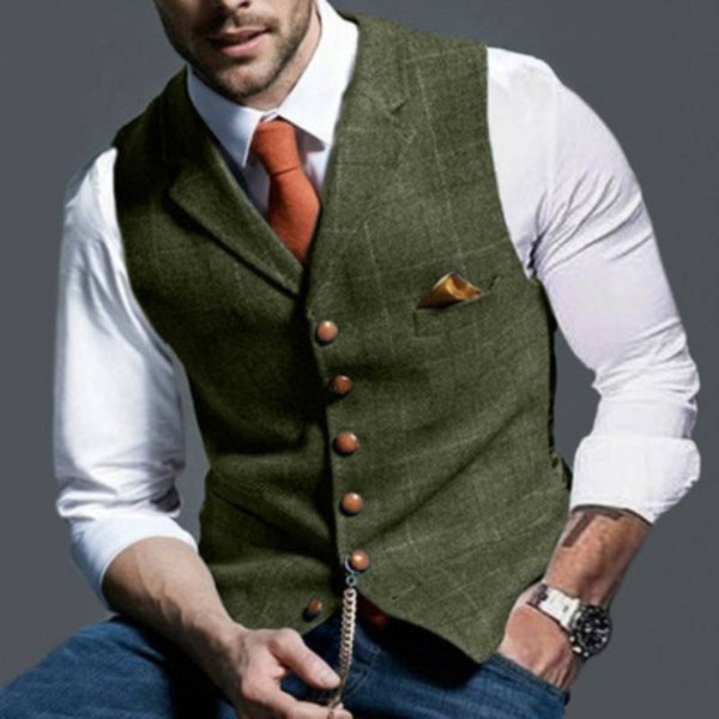 Elegant lichtgeruit vest, perfect voor de modieuze man met een verfijnde smaak. Deze Peaky Blinders-geïnspireerde look zorgt voor een trendy uitstraling, terwijl de hoogwaardige materialen zowel comfort als duurzaamheid bieden. De op maat gemaakte pasvorm zorgt voor een stijlvolle uitstraling. Maattabel (cm) beschikbaar voor borst en lengte.