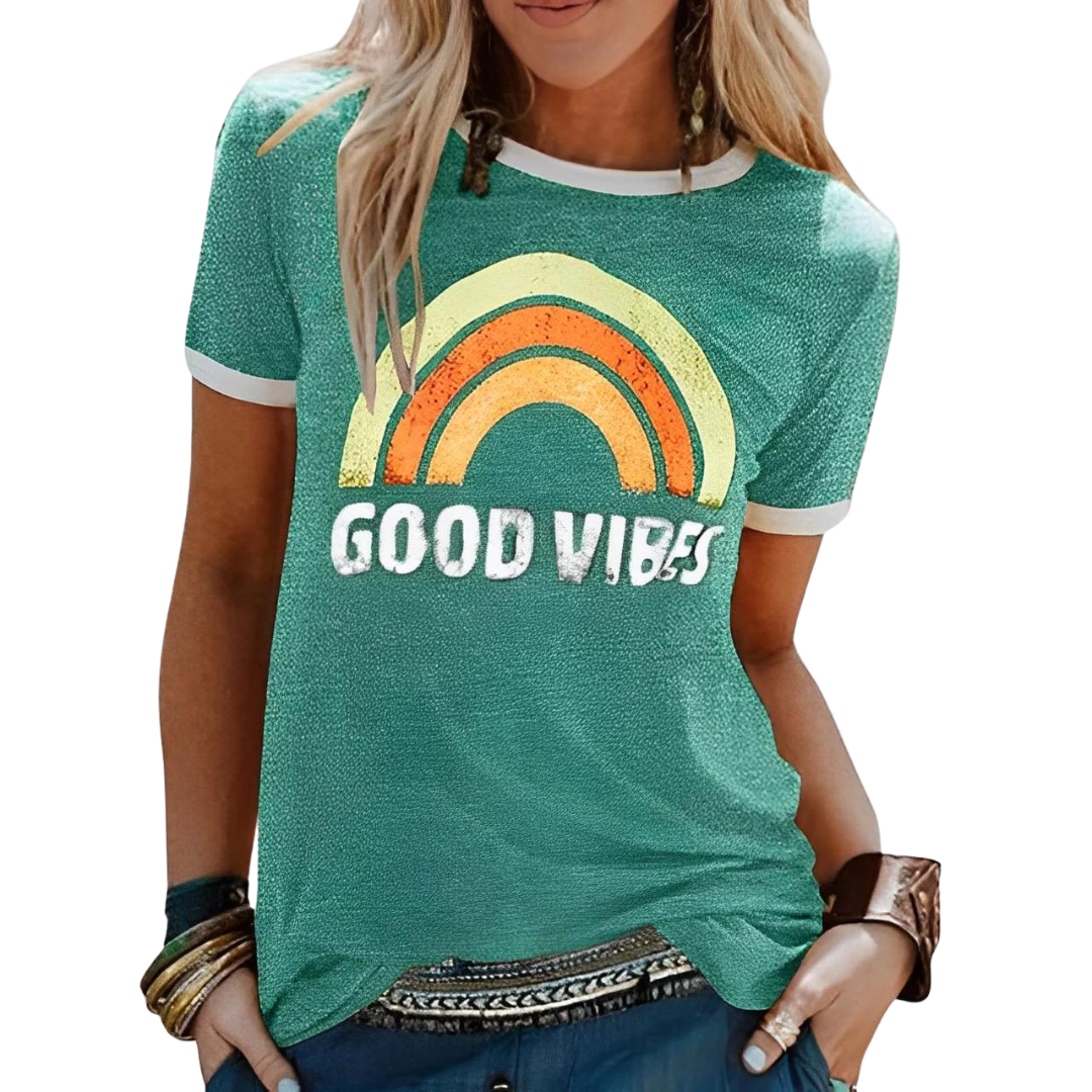 Positieve Vibe-shirt - perfect voor een trendy en optimistische uitstraling. Gemaakt van comfortabele katoenmix en voorzien van een uniek regenboogpatroon voor een vrolijke look.