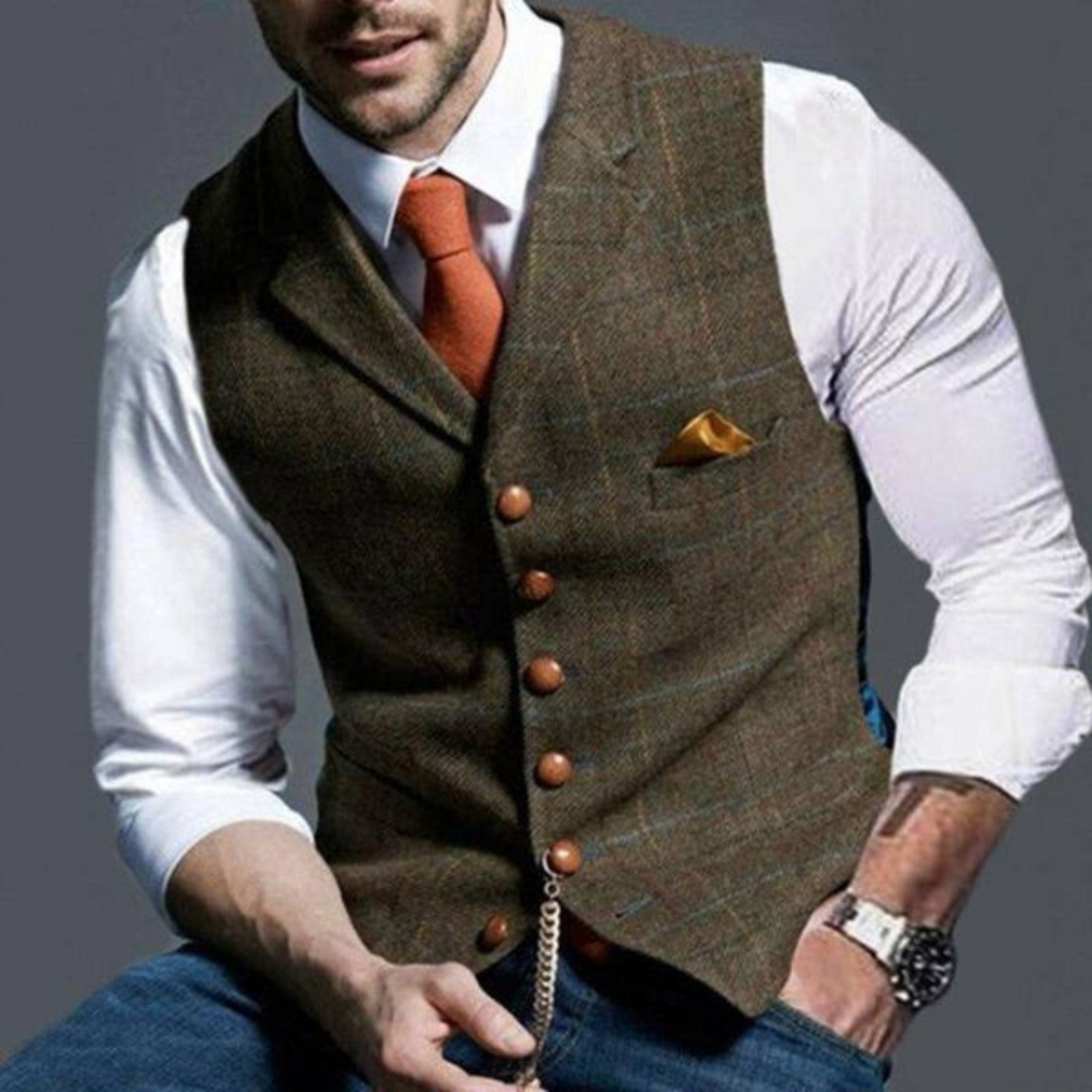 Elegant lichtgeruit vest, perfect voor de modieuze man met een verfijnde smaak. Deze Peaky Blinders-geïnspireerde look zorgt voor een trendy uitstraling, terwijl de hoogwaardige materialen zowel comfort als duurzaamheid bieden. De op maat gemaakte pasvorm zorgt voor een stijlvolle uitstraling. Maattabel (cm) beschikbaar voor borst en lengte.