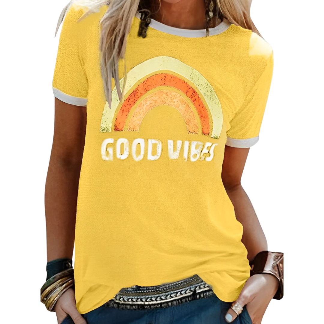 Positieve Vibe-shirt - perfect voor een trendy en optimistische uitstraling. Gemaakt van comfortabele katoenmix en voorzien van een uniek regenboogpatroon voor een vrolijke look.