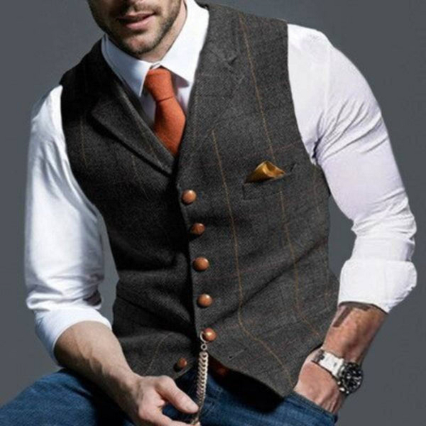 Elegant lichtgeruit vest, perfect voor de modieuze man met een verfijnde smaak. Deze Peaky Blinders-geïnspireerde look zorgt voor een trendy uitstraling, terwijl de hoogwaardige materialen zowel comfort als duurzaamheid bieden. De op maat gemaakte pasvorm zorgt voor een stijlvolle uitstraling. Maattabel (cm) beschikbaar voor borst en lengte.