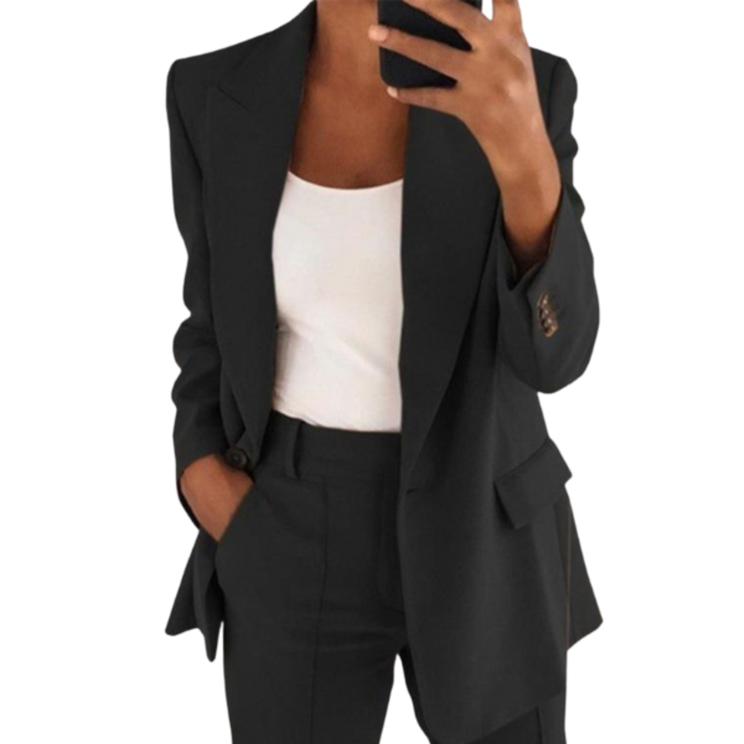 Stijlvolle dames blazer set, bestaande uit een lange blazer en pantalon. Deze set biedt een combinatie van elegantie en comfort voor diverse gelegenheden. Gemaakt van hoogwaardige en ademende materialen, met een perfecte pasvorm voor een moeiteloos elegante uitstraling.