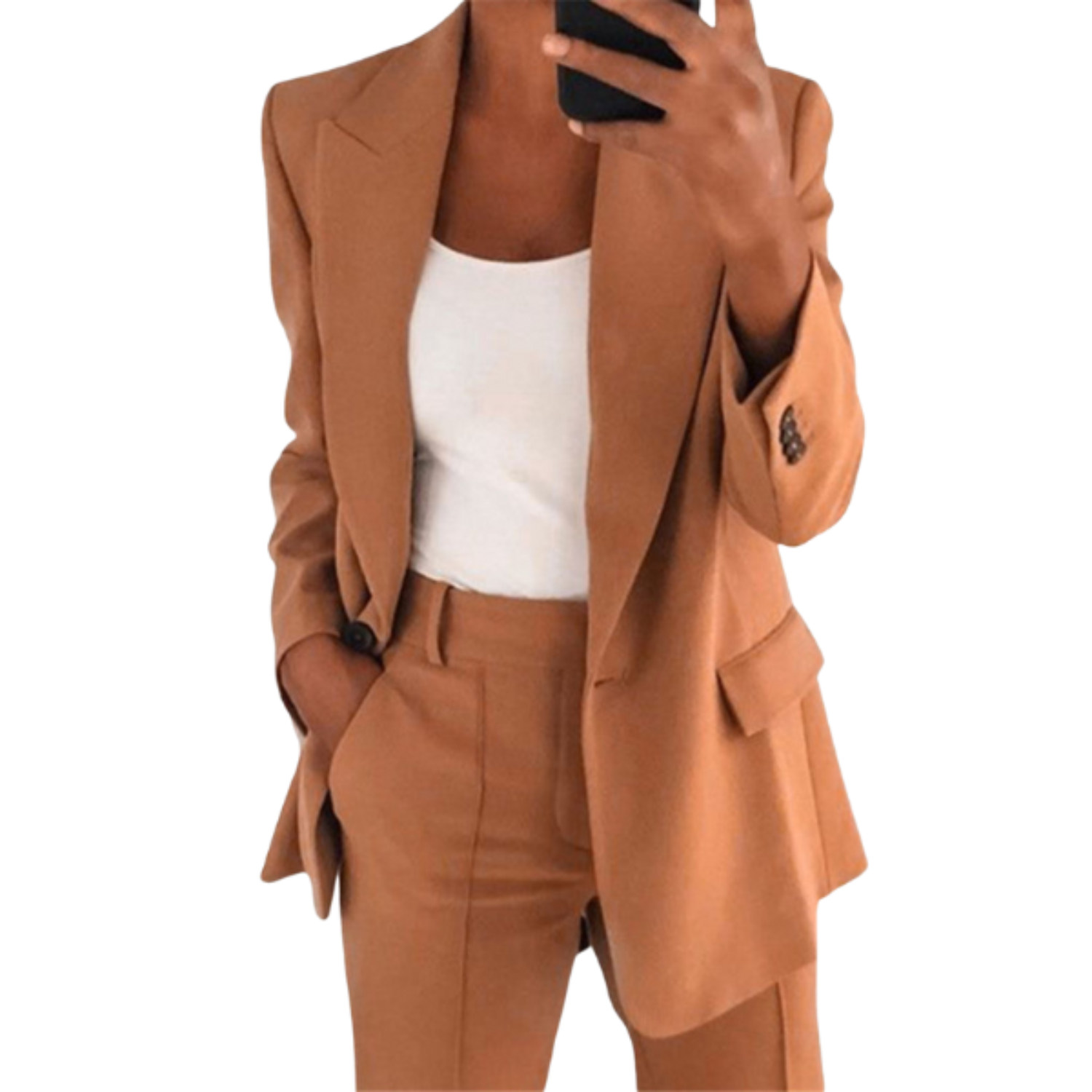 Stijlvolle dames blazer set, bestaande uit een lange blazer en pantalon. Deze set biedt een combinatie van elegantie en comfort voor diverse gelegenheden. Gemaakt van hoogwaardige en ademende materialen, met een perfecte pasvorm voor een moeiteloos elegante uitstraling.