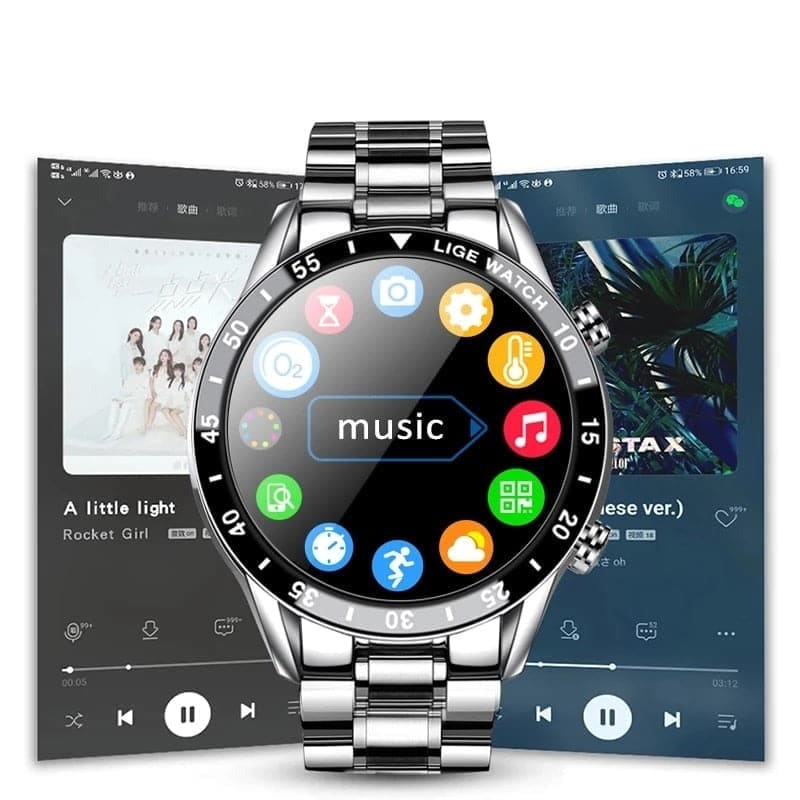 Stijlvolle luxe horloge met 1,3 inch ultrahelder touchscreen, roestvrijstalen band, realtime hartslagmonitor, stappenteller, Bluetooth gespreksfunctie, activiteitstracking en compatibiliteit met iOS en Android.