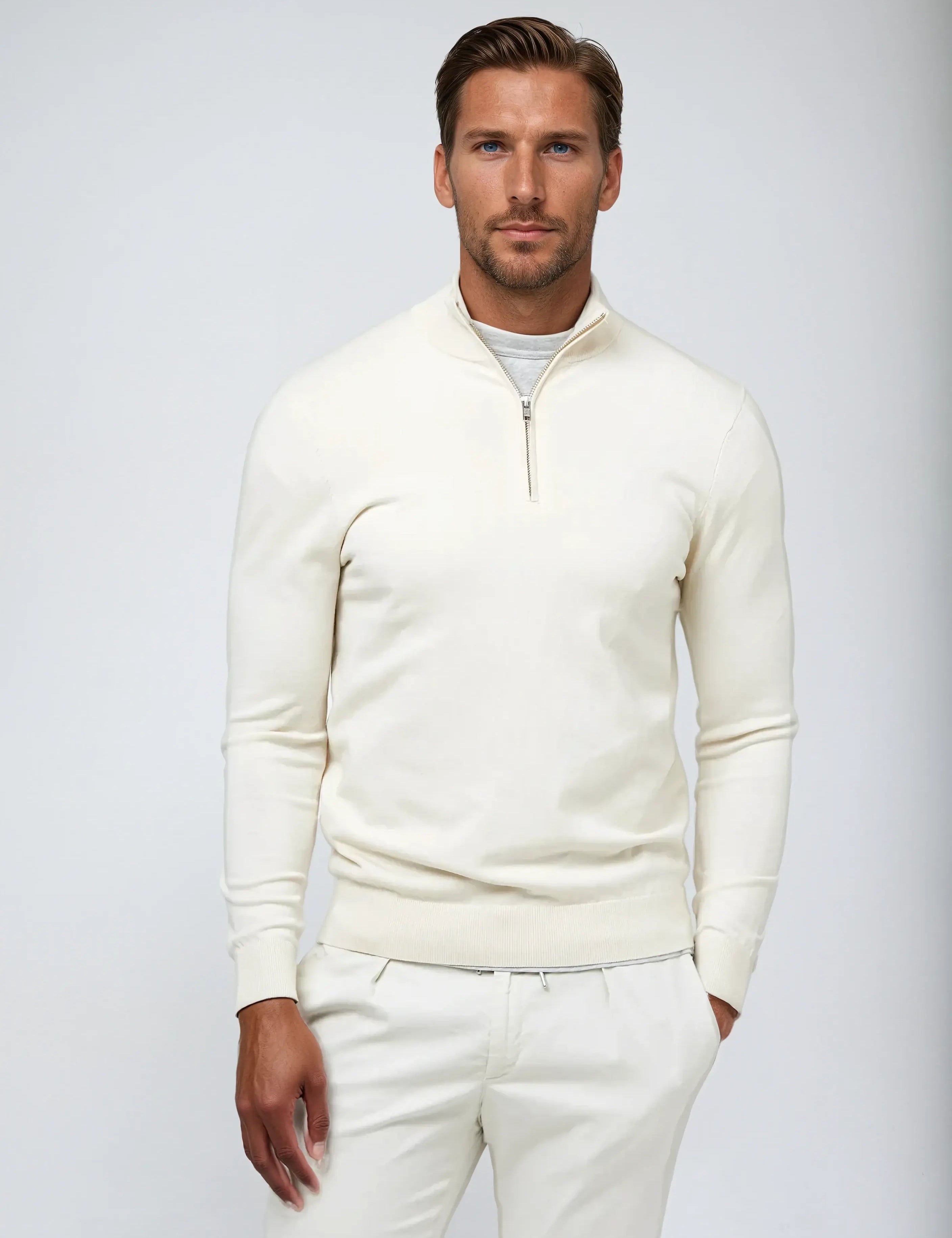 Elise | Stijlvolle Witte Sweater met Halve Rits