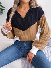 Effen patchwork trui met v-hals en strepen
