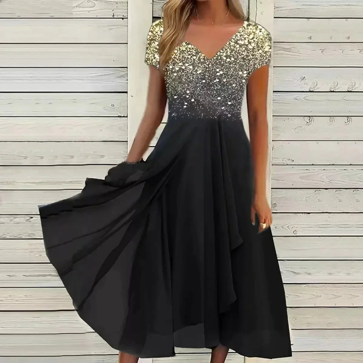 Damesjurk gemaakt van luchtig chiffon voor een moeiteloos chique uitstraling. Perfect voor een glamoureuze en stijlvolle look.