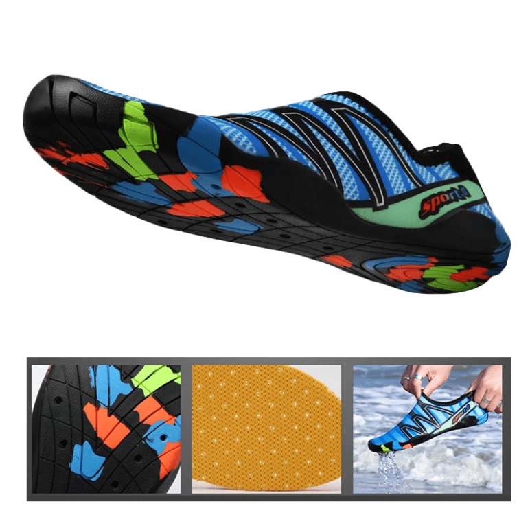 Deze sneldrogende waterschoenen bieden ultiem comfort en veiligheid tijdens buitenactiviteiten. Met een stevige rubberen zool, speciale grip en beschermende schoenrand zijn ze perfect voor diverse watersporten en activiteiten.