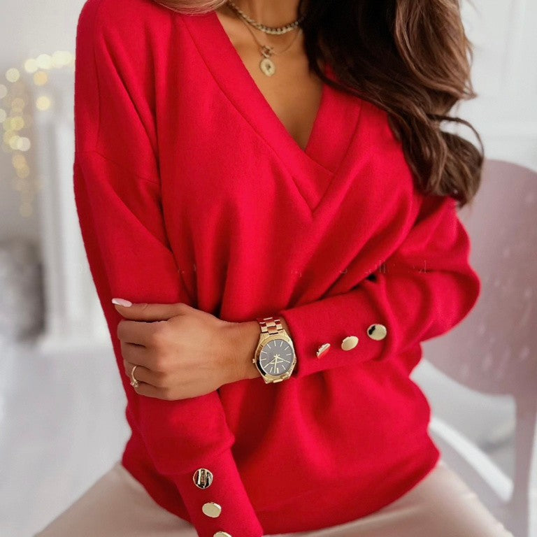Lix Sweater | Comfortabele zachte dames trui met V-hals en gouden knoopjes in de kleur Rood voor dames in Lounge stijl geschikt voor alle seizoenen.