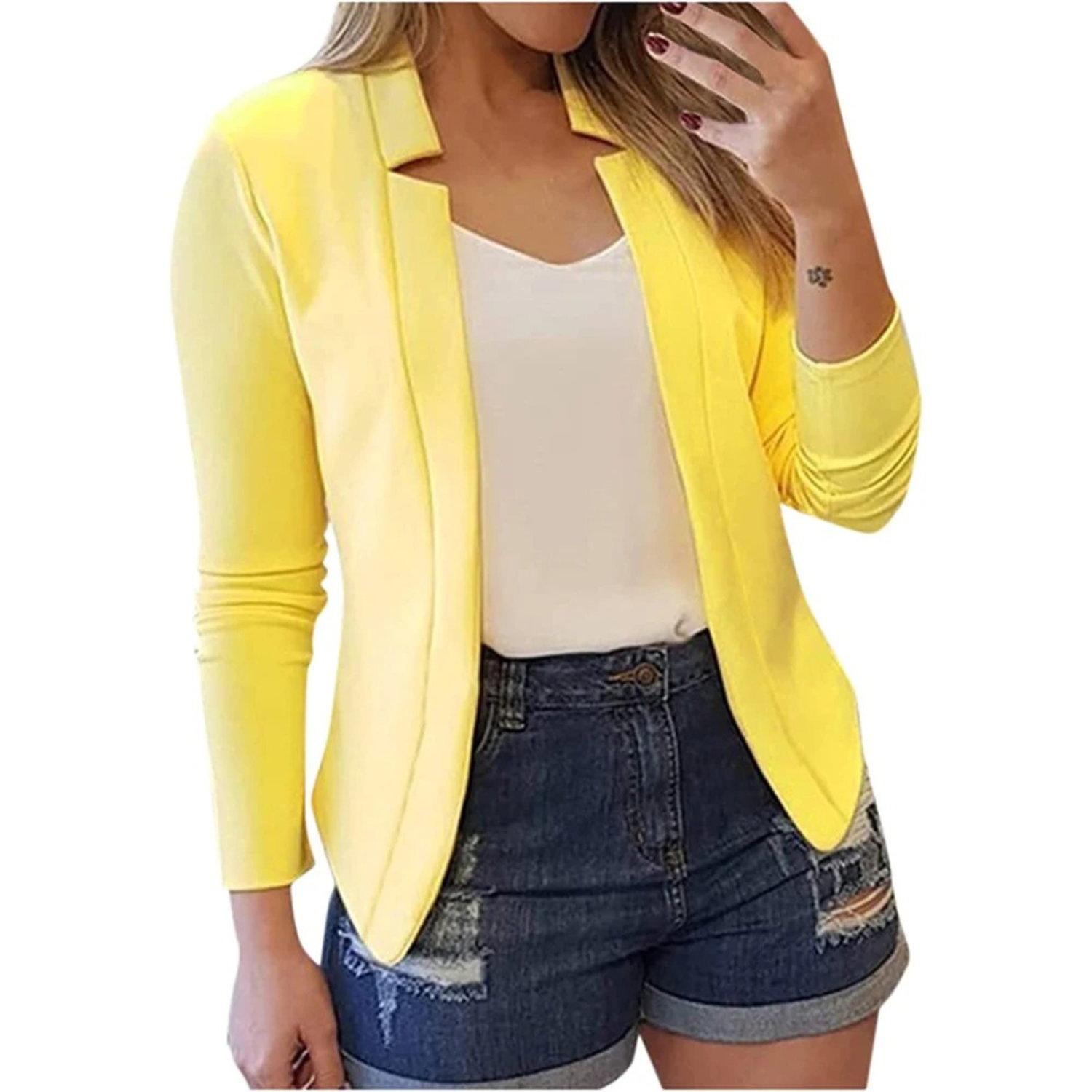 Lotte | Kleine dames blazer in solide kleur in de kleur Geel voor dames in Formal stijl ideaal voor de herfst.