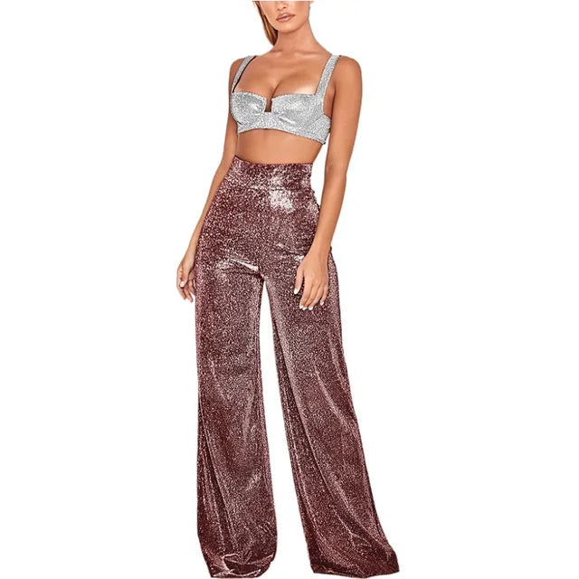 Luna | Stijlvolle dames hoge taille broek met glitters in de kleur Wijnrood voor dames in Party stijl ideaal voor de herfst.