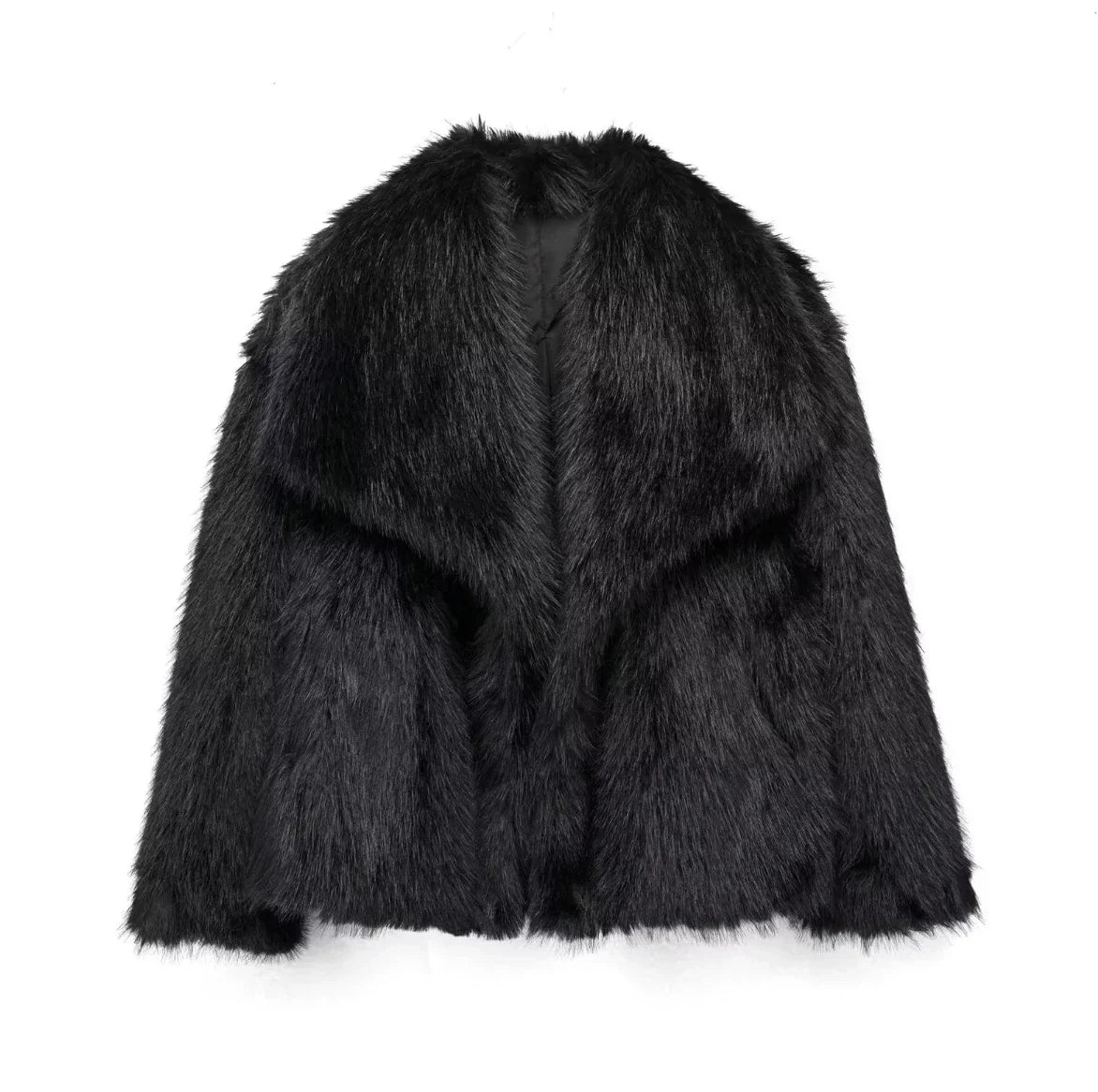 Noa | Knuffelig lichtbeige mantel van bont in de kleur Zwart voor dames in stijl ideaal voor de herfst.